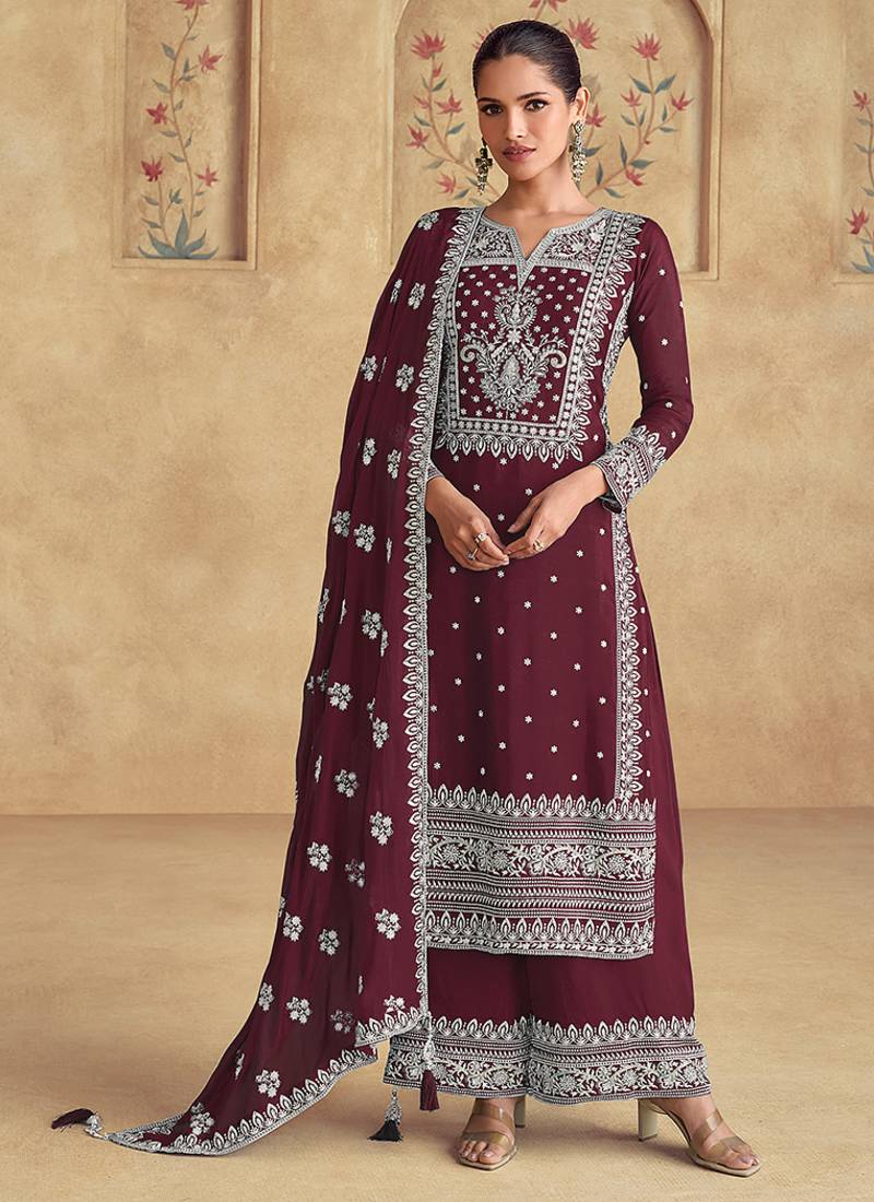 Faux georgette embroidered wine readymade salwar kameez