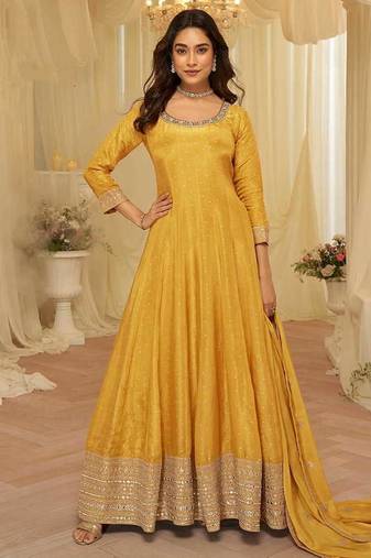 Mustard viscose jacquard silk with embroidery readymade anarkali suit