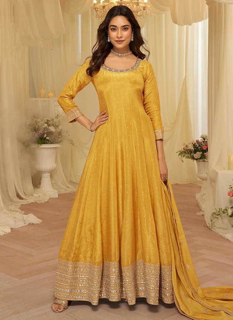 Mustard viscose jacquard silk with embroidery readymade anarkali suit