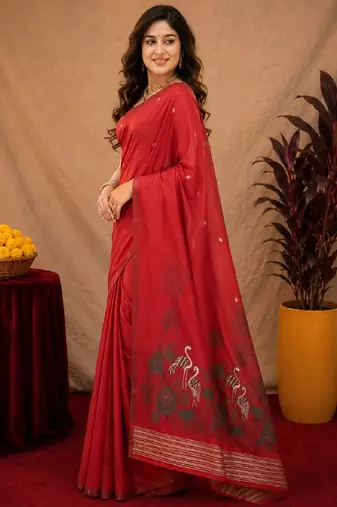 Red linen jacuard bird motif work bird saree with unstitched blouse piece