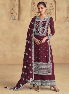 Faux georgette embroidered wine readymade salwar kameez 2