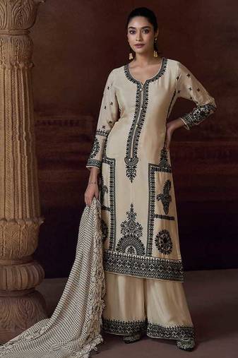 Off white embroidered chinon silk readymade salwar kameez
