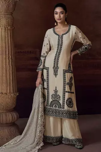 Off white embroidered chinon silk readymade salwar kameez