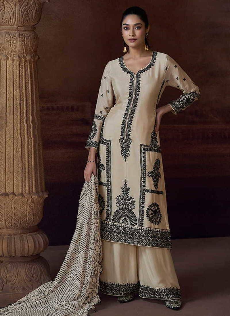 Off white embroidered chinon silk readymade salwar kameez