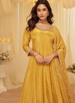 Mustard viscose jacquard silk with embroidery readymade anarkali suit 2