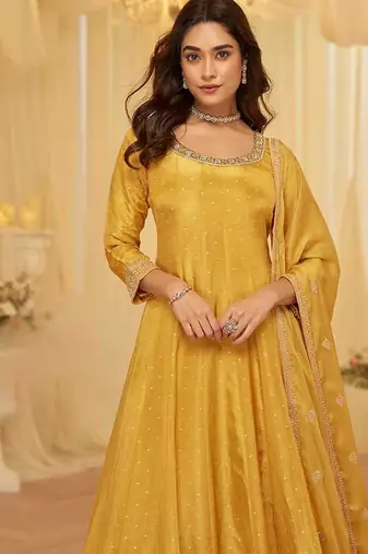 Mustard viscose jacquard silk with embroidery readymade anarkali suit