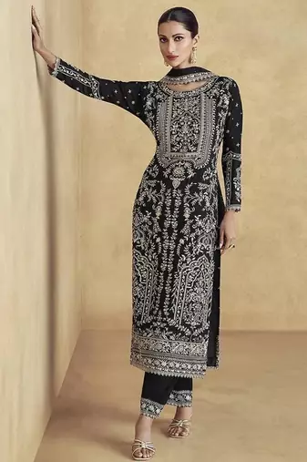 Black chinon silk embroidered trendy readymade salwar kameez