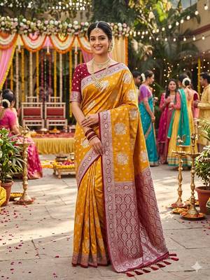 Mustard tapela dying dola silk blend saree with blouse 1