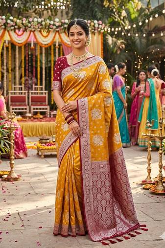 Mustard tapela dying dola silk blend saree with blouse