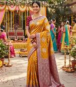 Mustard tapela dying dola silk blend saree with blouse