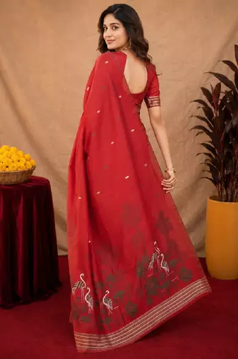 Red linen jacuard bird motif work bird saree with unstitched blouse piece
