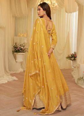 Mustard viscose jacquard silk with embroidery readymade anarkali suit 3