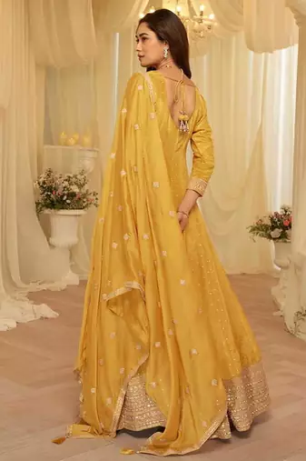 Mustard viscose jacquard silk with embroidery readymade anarkali suit