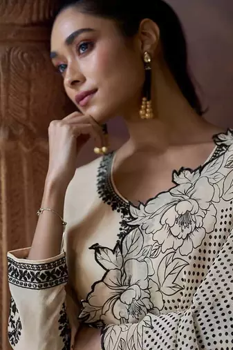 Off white embroidered chinon silk readymade salwar kameez