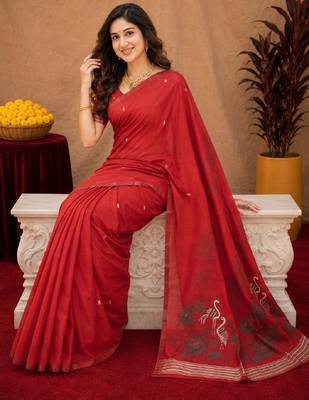 Red linen jacuard bird motif work bird saree with unstitched blouse piece 4