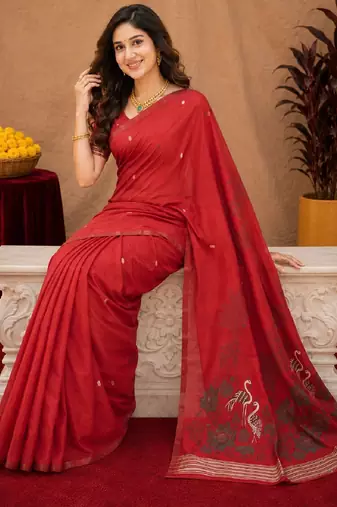 Red linen jacuard bird motif work bird saree with unstitched blouse piece