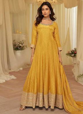 Mustard viscose jacquard silk with embroidery readymade anarkali suit 4