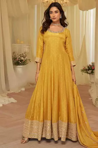 Mustard viscose jacquard silk with embroidery readymade anarkali suit