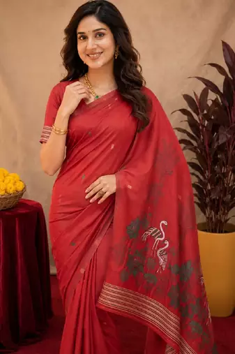 Red linen jacuard bird motif work bird saree with unstitched blouse piece