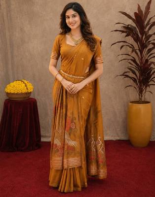 Rust linen jacuard bird motif work bird saree with unstitched blouse piece 1