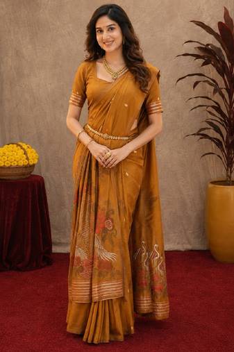 Rust linen jacuard bird motif work bird saree with unstitched blouse piece