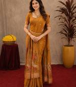 Rust linen jacuard bird motif work bird saree with unstitched blouse piece