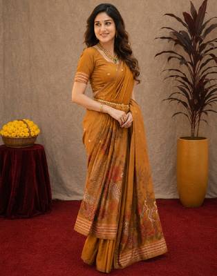 Rust linen jacuard bird motif work bird saree with unstitched blouse piece 2