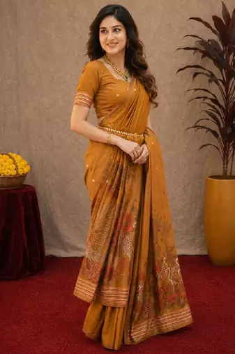 Rust linen jacuard bird motif work bird saree with unstitched blouse piece