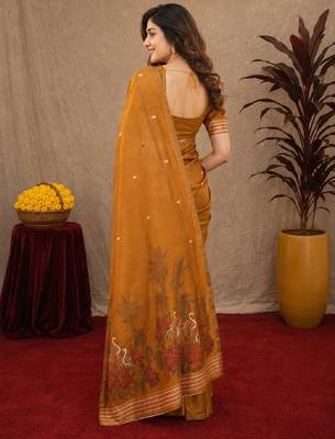 Rust linen jacuard bird motif work bird saree with unstitched blouse piece 3