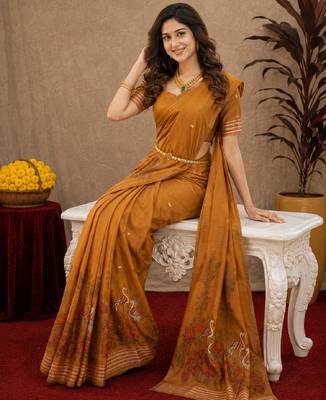 Rust linen jacuard bird motif work bird saree with unstitched blouse piece 4