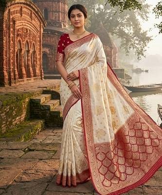 White tapela dying dola silk blend saree with blouse 3