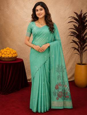 Sea green linen jacuard bird motif work bird saree with unstitched blouse piece 1