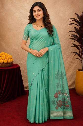 Sea green linen jacuard bird motif work bird saree with unstitched blouse piece