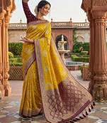 Yellow tapela dying dola silk blend saree with blouse