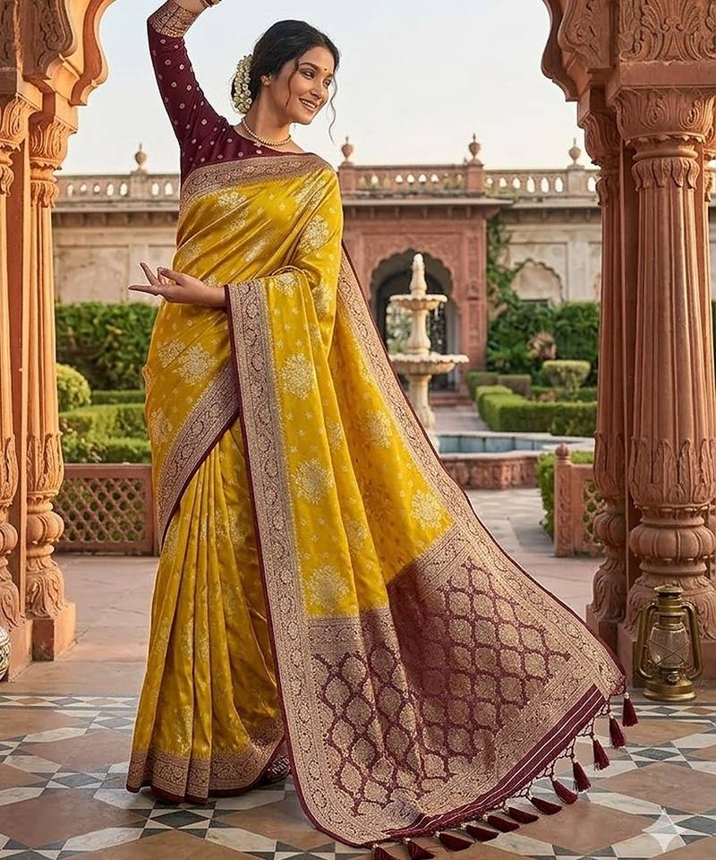 Yellow tapela dying dola silk blend saree with blouse