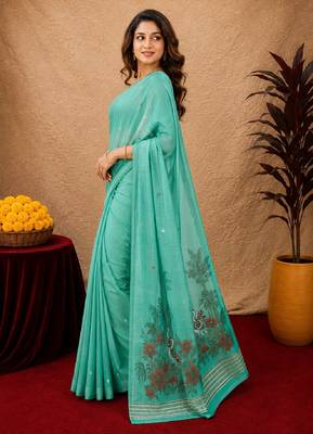 Sea green linen jacuard bird motif work bird saree with unstitched blouse piece 2