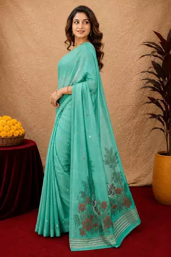 Sea green linen jacuard bird motif work bird saree with unstitched blouse piece