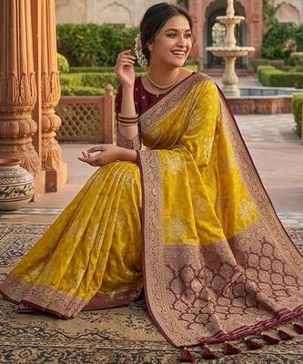 Yellow tapela dying dola silk blend saree with blouse 2