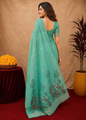 Sea green linen jacuard bird motif work bird saree with unstitched blouse piece 3