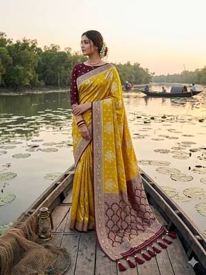 Yellow tapela dying dola silk blend saree with blouse 3