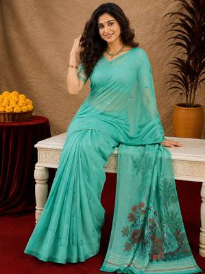 Sea green linen jacuard bird motif work bird saree with unstitched blouse piece 4