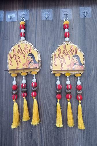 handmade temple diya jharokha hanging toran with beads tassels and bells for home decoration (pack of 2)
