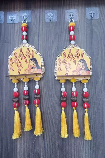 handmade temple diya jharokha hanging toran with beads tassels and bells for home decoration (pack of 2)