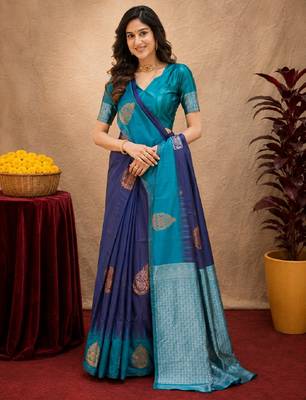 Blue rama art silk blend banarasi jacuard work saree with unstitched blouse piece 1