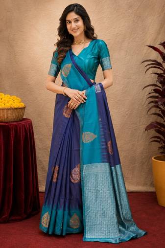 Blue rama art silk blend banarasi jacuard work saree with unstitched blouse piece
