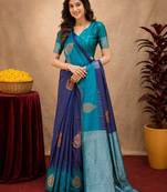 Blue rama art silk blend banarasi jacuard work saree with unstitched blouse piece