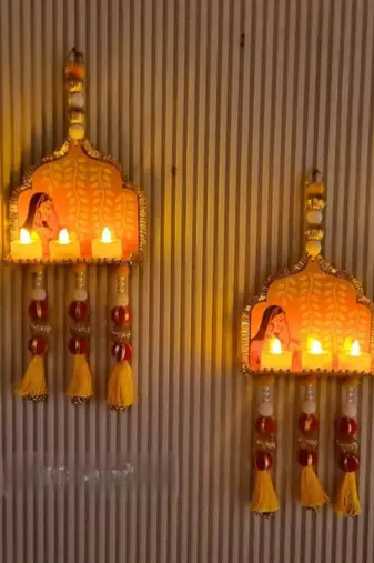 handmade temple diya jharokha hanging toran with beads tassels and bells for home decoration (pack of 2)