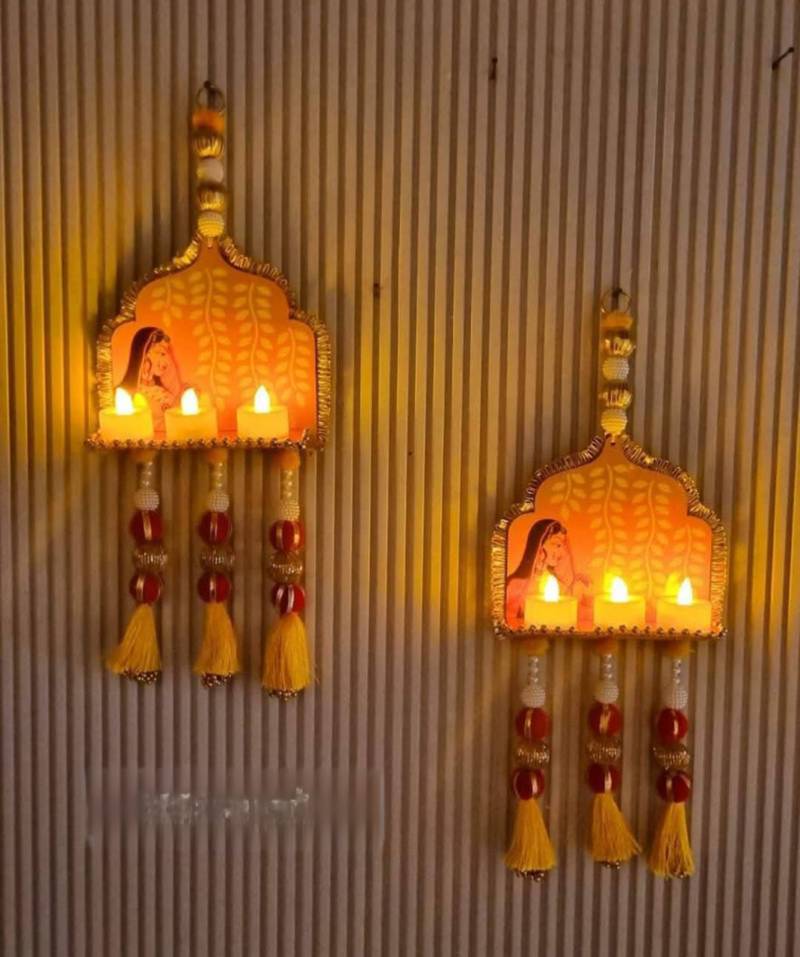 handmade temple diya jharokha hanging toran with beads tassels and bells for home decoration (pack of 2)