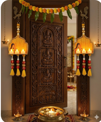 handmade temple diya jharokha hanging toran with beads tassels and bells for home decoration (pack of 2) 3