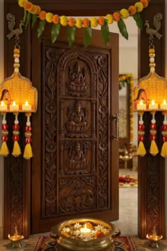 handmade temple diya jharokha hanging toran with beads tassels and bells for home decoration (pack of 2)
